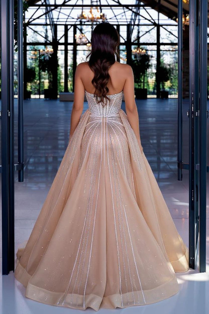 
                  
                    Elegant Long Strapless Front Slit Evening Dresses with Detachable Train
                  
                