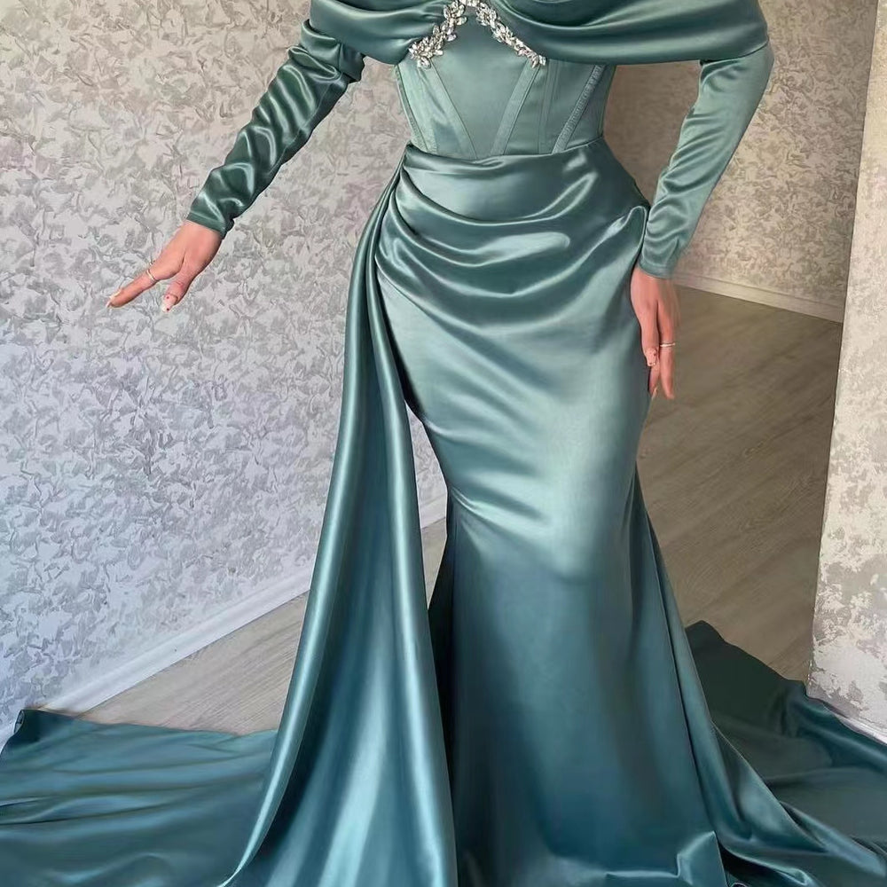 long sleeve rhinestone prom dress Elegant Sweetheart Long Sleeves Satin Mermaid Prom Dress with Ruffles