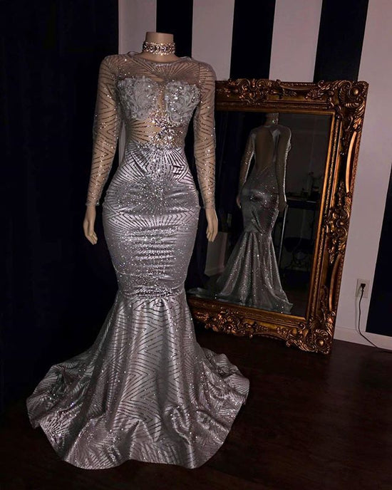 Elegant Tulle Backless Prom Dresses Sliver Long Sleeves Mermaid Evening Gowns-BIZTUNNEL