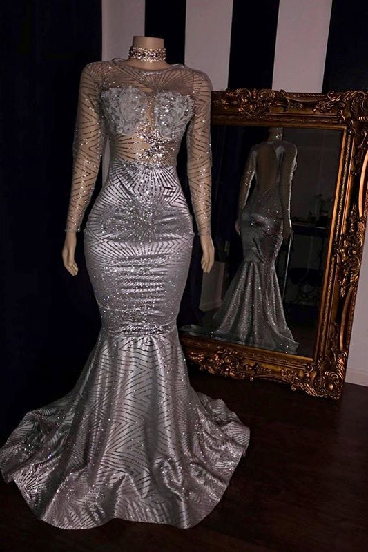 Elegant Tulle Backless Prom Dresses Sliver Long Sleeves Mermaid Evening Gowns-BIZTUNNEL
