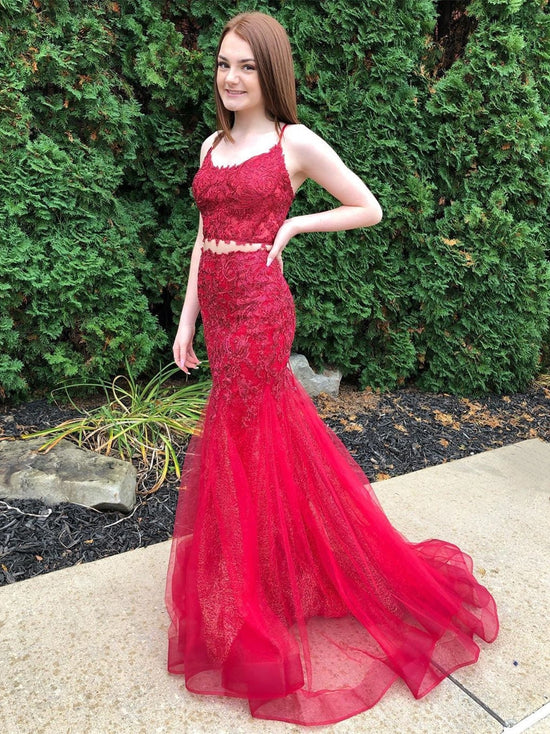 Elegant Two Pieces Mermaid Tulle Lace Long Formal Prom Dresses-BIZTUNNEL