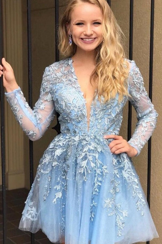 Elegant V-neck Lace Tulle A-line Short Prom Dress with Sleeves-BIZTUNNEL