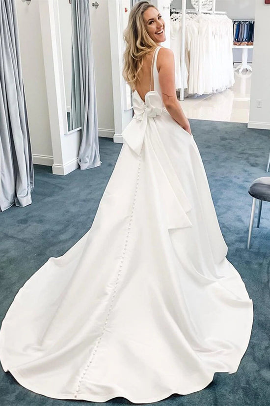 Elegant White A-line V Neck Open Back Satin Long Wedding Dresses with Pockets-BIZTUNNEL