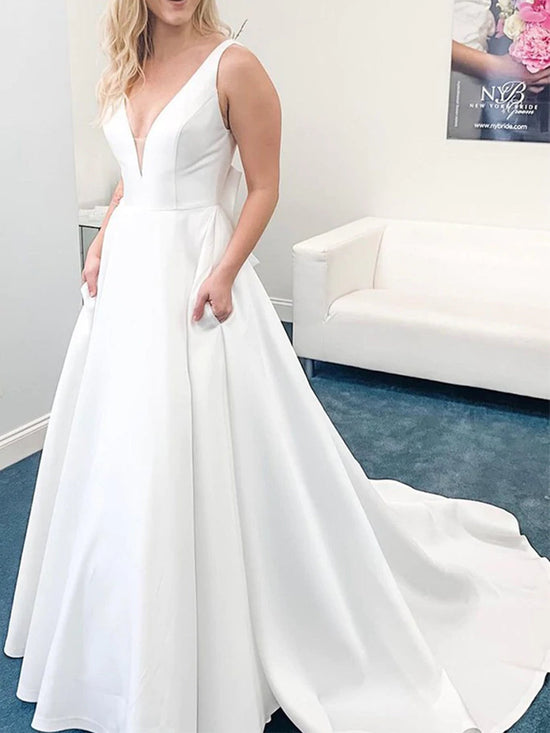 Elegant White A-line V Neck Open Back Satin Long Wedding Dresses with Pockets-BIZTUNNEL