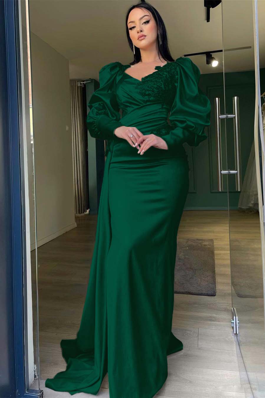 Elegant White evening dress long sleeves with Beadings Slit