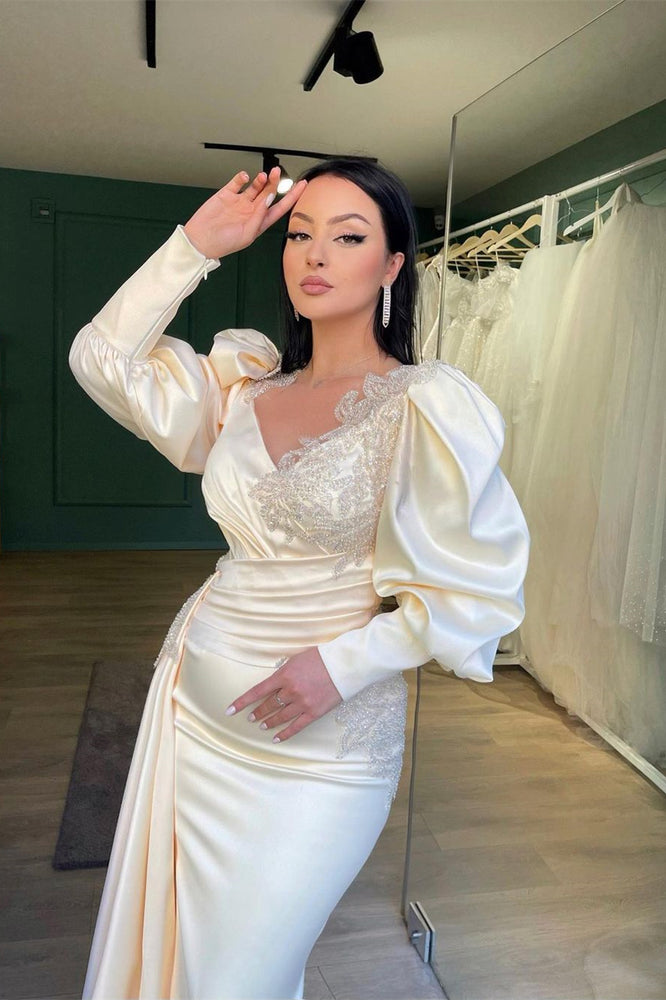 
                  
                    Elegant White evening dress long sleeves with Beadings Slit
                  
                