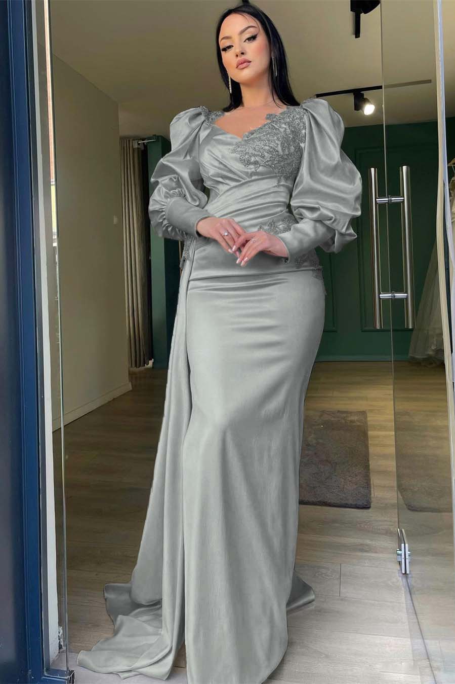 Elegant Dark Green Long Mermaid V-neck Satin Formal Prom Dresses with Sleeves Elegant Dark Green Long Mermaid V-neck Satin Formal Prom Dresses with Sleeves