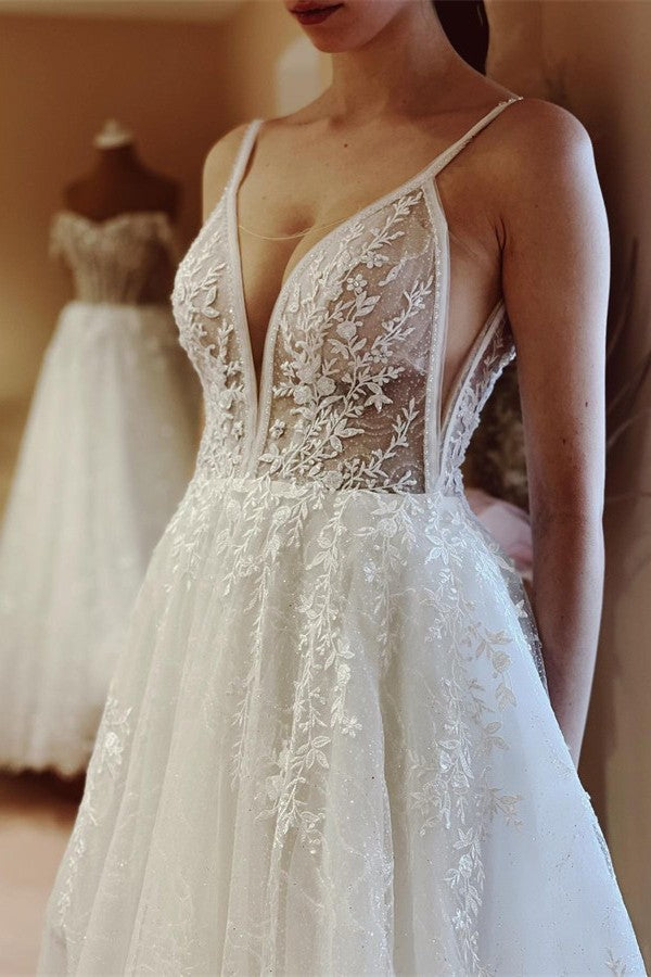 Elegant White Long A-line V-neck Tulle Backless Lace Wedding Dresses-BIZTUNNEL
