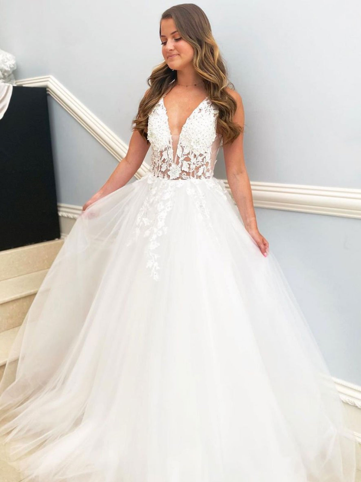 Elegant White Long A-line V Neck Tulle Lace Floral Wedding Dresses-BIZTUNNEL