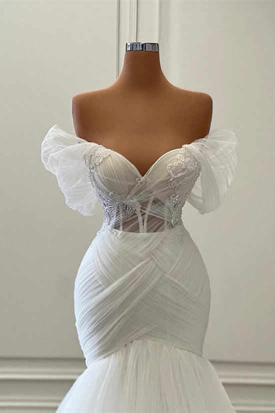Elegant White Long Mermaid Off the Shoulder Tulle Lace Wedding Dresses-BIZTUNNEL