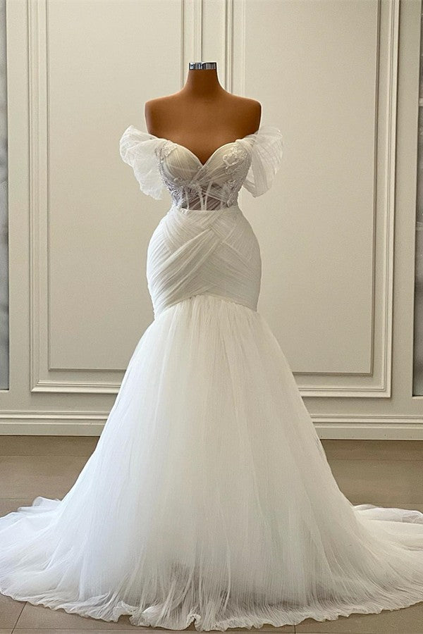 Elegant White Long Mermaid Off the Shoulder Tulle Lace Wedding Dresses-BIZTUNNEL