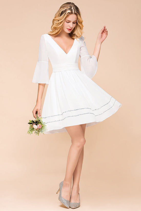 Charger l&amp;#39;image dans la galerie, Elegant White Short Deep V-neck A-line Chiffon Bridesmaid Dress with Sleeves-BIZTUNNEL
