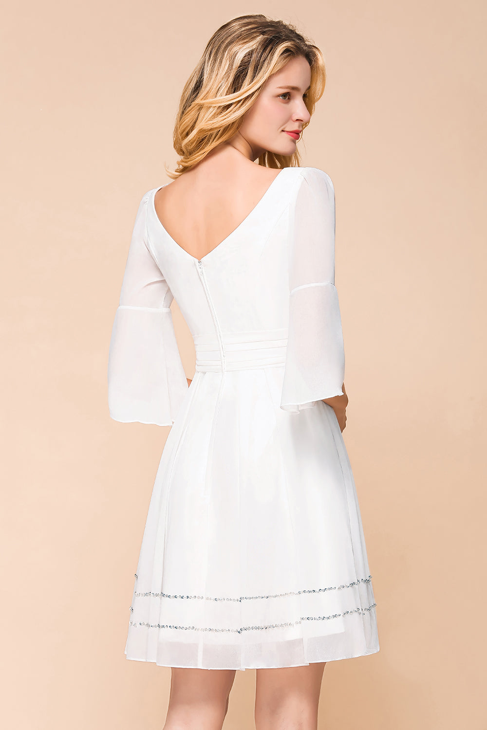 Charger l&amp;#39;image dans la galerie, Elegant White Short Deep V-neck A-line Chiffon Bridesmaid Dress with Sleeves-BIZTUNNEL

