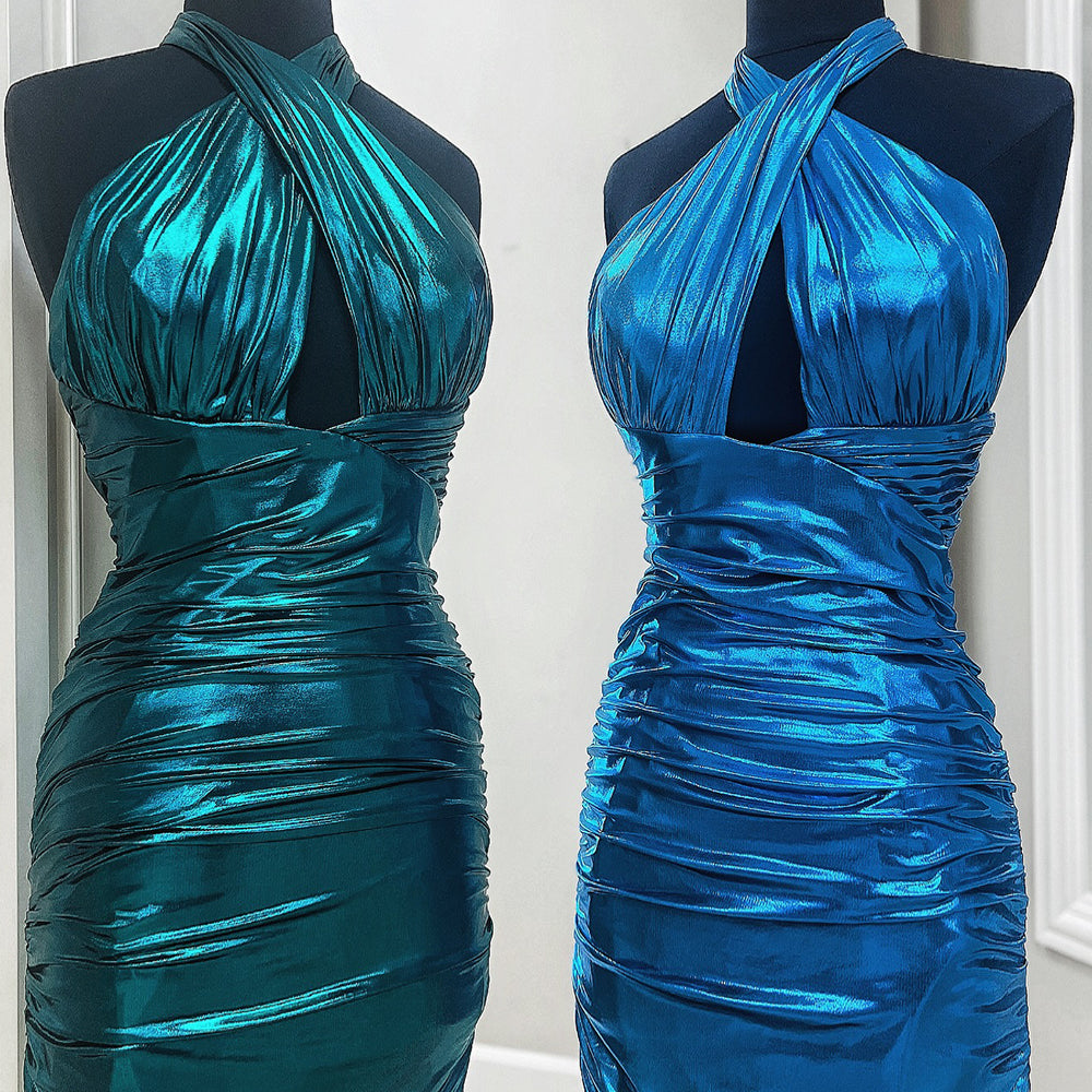 Emerald Green Cross Halter Satin Tight Short Homecoming Dress – BIZTUNNEL