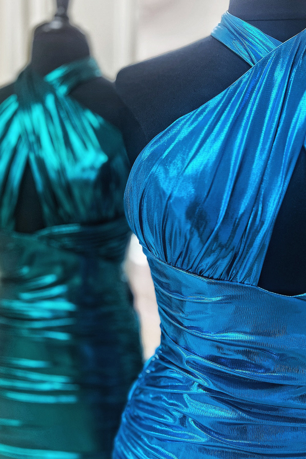 Emerald Green Cross Halter Satin Tight Short Homecoming Dress BIZTUNNEL Emerald Green Cross Halter Satin Tight Short Homecoming Dress BIZTUNNEL