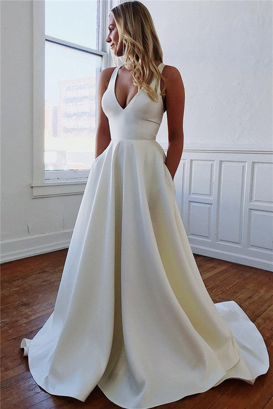 Excellent Long A-line Straps Bow Backless Wedding Dresses with Pockets-BIZTUNNEL