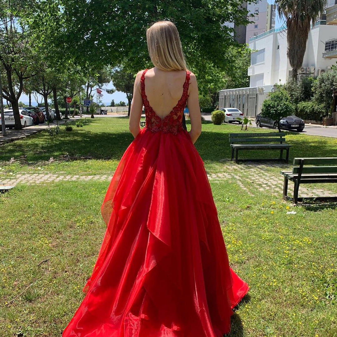 Load image into Gallery viewer, Excellent Long A-line V-neck Organza Backless Red Prom Dress-BIZTUNNEL
