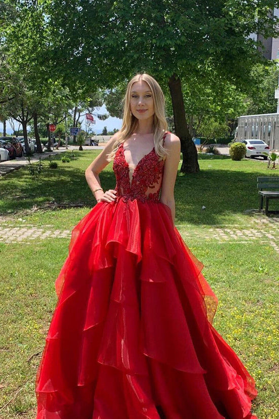 Load image into Gallery viewer, Excellent Long A-line V-neck Organza Backless Red Prom Dress-BIZTUNNEL
