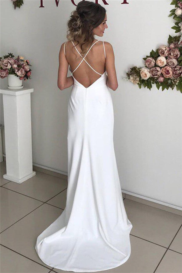Excellent Long Mermaid Satin White Backless Wedding Dress with Slit-BIZTUNNEL