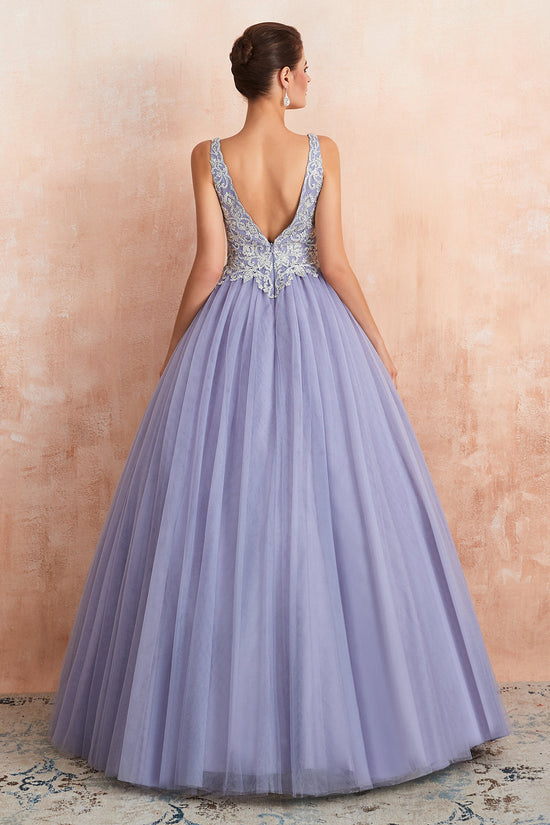 Cargar imagen en el visor de la Galería, Excellent Long Princess V-neck Sleeveless Tulle Backless Prom Dress-BIZTUNNEL
