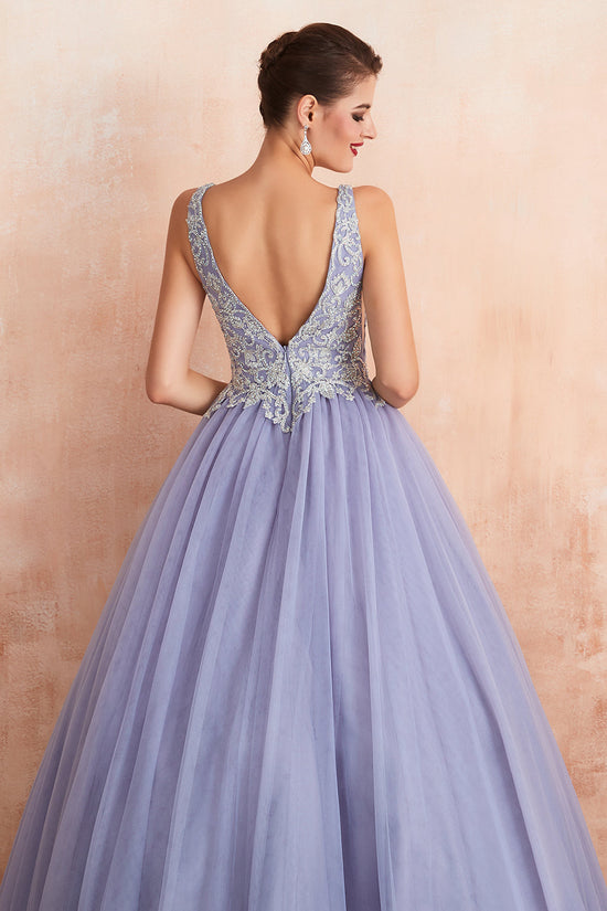 Load image into Gallery viewer, Excellent Long Princess V-neck Sleeveless Tulle Backless Prom Dress-BIZTUNNEL
