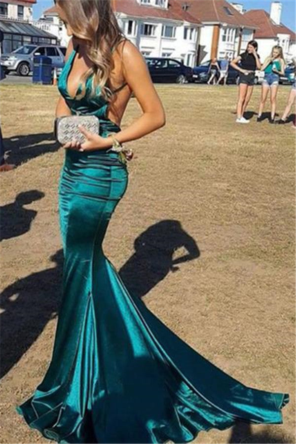 Excellent Long V-neck Mermaid Backless Prom Dress-BIZTUNNEL