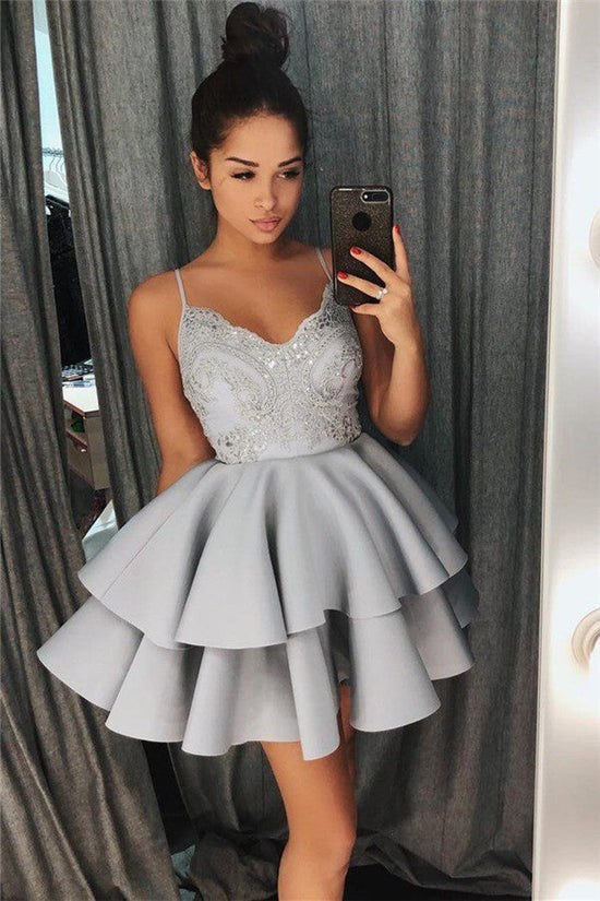 Exquisite A-line V-neck Lace Sleeveless Short Homecoming Dress-BIZTUNNEL