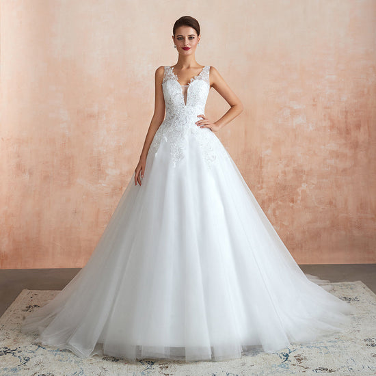 Exquisite Long A-line Appliques Lace Tulle Wedding Dress-BIZTUNNEL