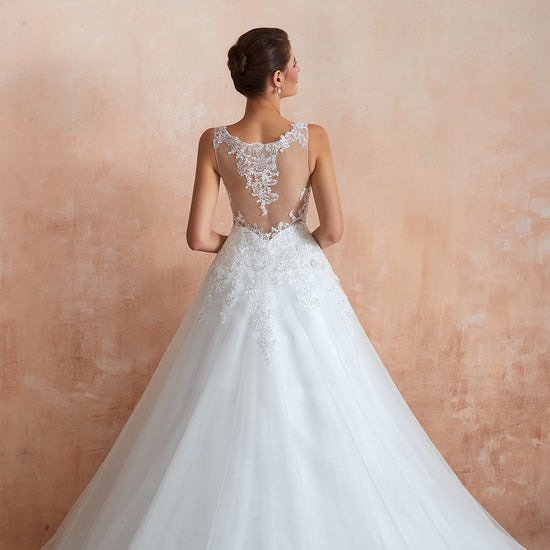 Exquisite Long A-line Appliques Lace Tulle Wedding Dress-BIZTUNNEL