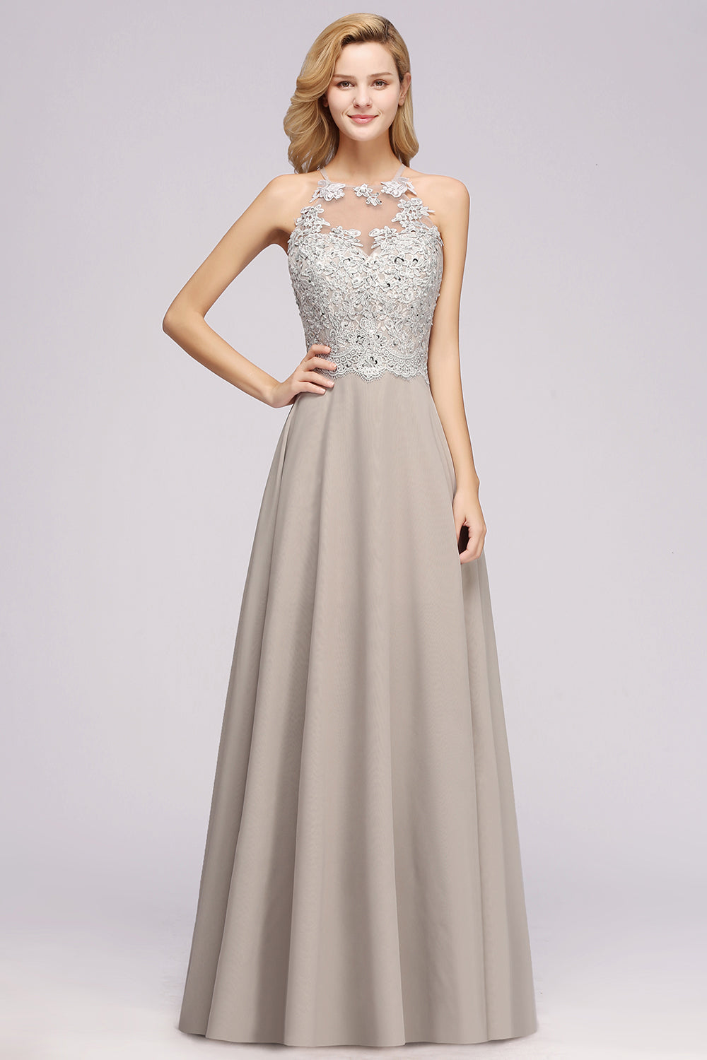 Load image into Gallery viewer, Exquisite Long A-line Lace Sleeveless Halter Bridesmaid Dress with Slit-BIZTUNNEL
