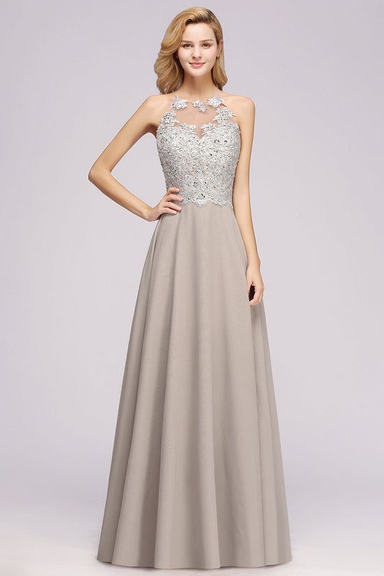 Exquisite Long A-line Lace Sleeveless Halter Bridesmaid Dress with Slit-BIZTUNNEL