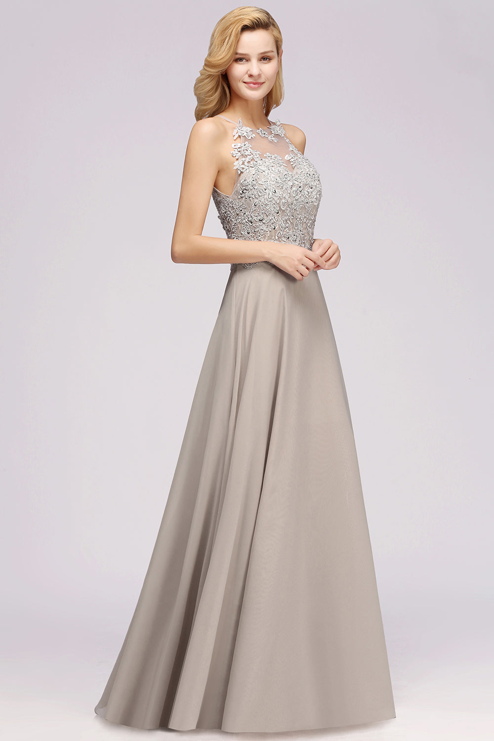 Load image into Gallery viewer, Exquisite Long A-line Lace Sleeveless Halter Bridesmaid Dress with Slit-BIZTUNNEL
