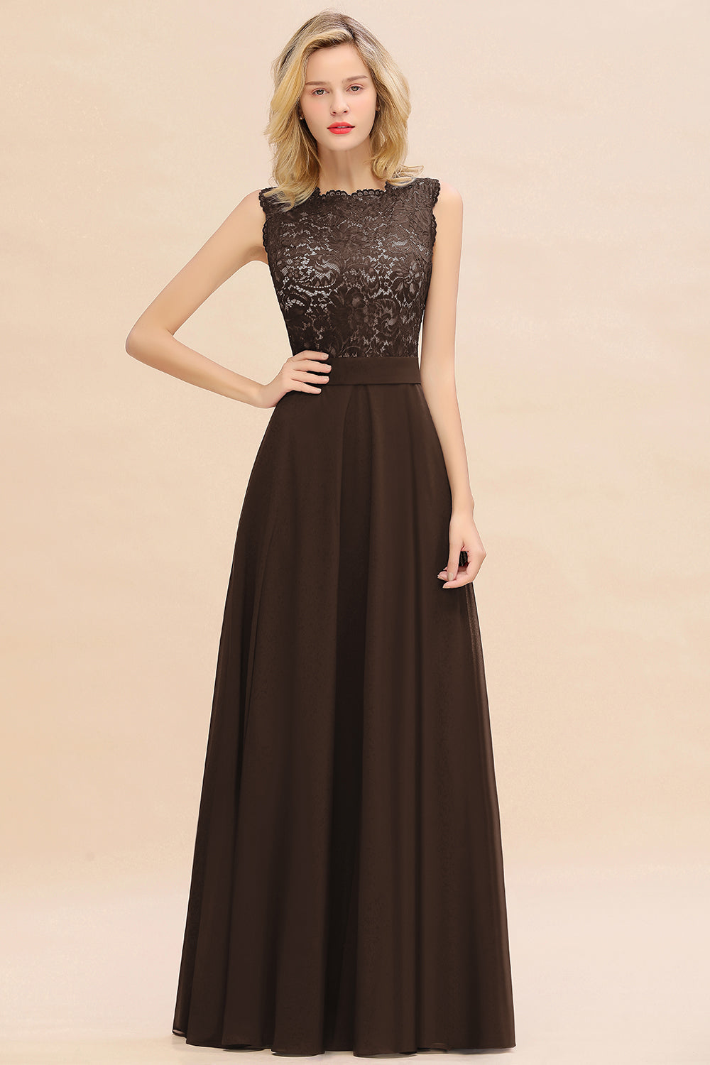 Exquisite Long A-line Scoop Sleeveless Lace Chiffon Bridesmaid Dress Exquisite Long A-line Scoop Sleeveless Lace Chiffon Bridesmaid Dress