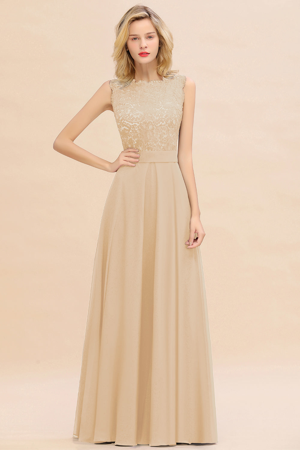 Exquisite Long A-line Scoop Sleeveless Lace Chiffon Bridesmaid Dress BIZTUNNEL Exquisite Long A-line Scoop Sleeveless Lace Chiffon Bridesmaid Dress BIZTUNNEL