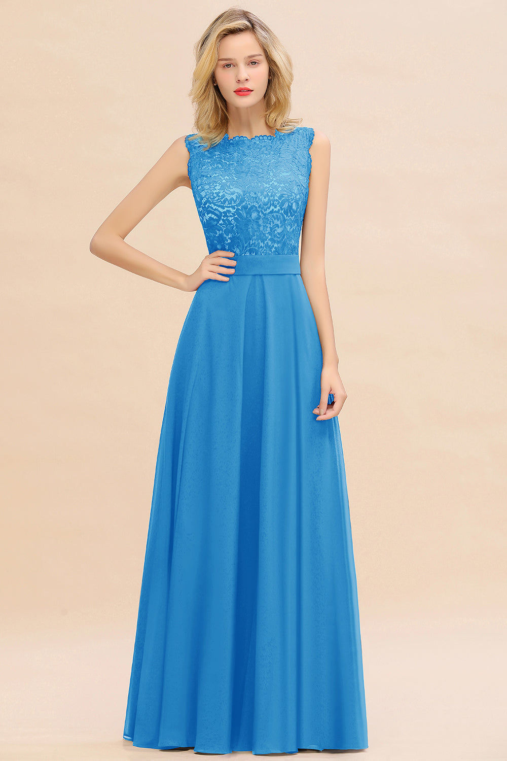 Exquisite Long A-line Scoop Sleeveless Lace Chiffon Bridesmaid Dress Exquisite Long A-line Scoop Sleeveless Lace Chiffon Bridesmaid Dress