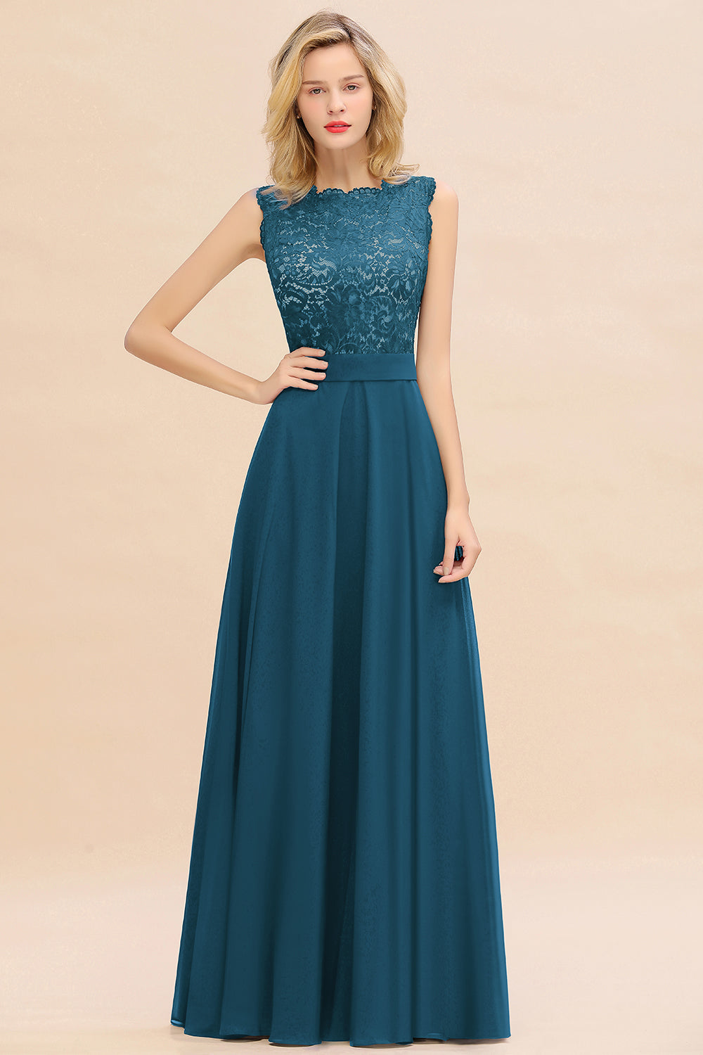 Exquisite Long A-line Scoop Sleeveless Lace Chiffon Bridesmaid Dress Exquisite Long A-line Scoop Sleeveless Lace Chiffon Bridesmaid Dress