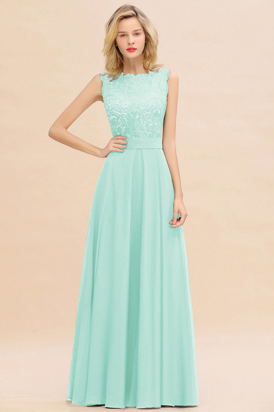 Exquisite Long A-line Scoop Sleeveless Lace Chiffon Bridesmaid Dress-BIZTUNNEL