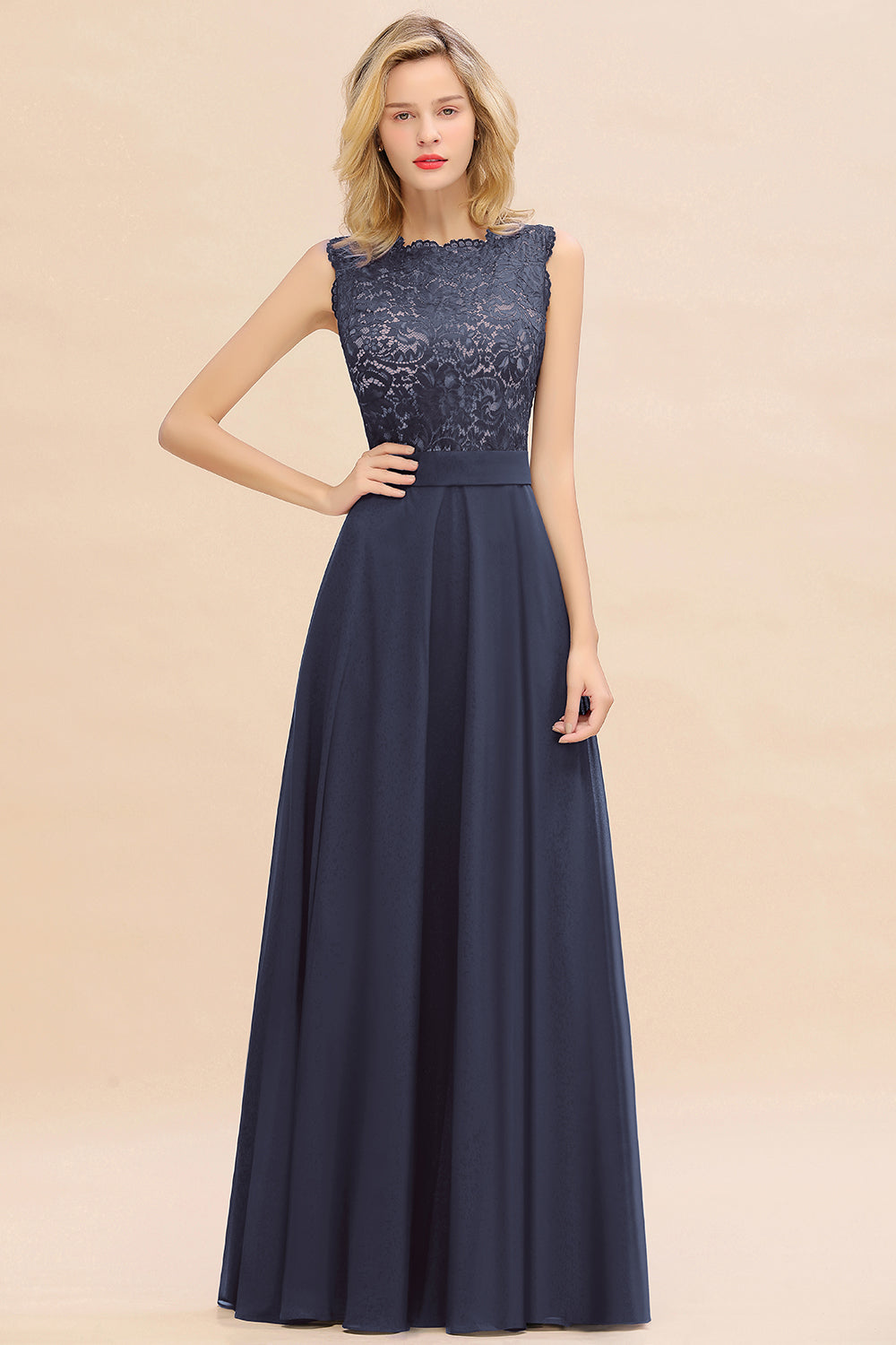 Exquisite Long A-line Scoop Sleeveless Lace Chiffon Bridesmaid Dress Exquisite Long A-line Scoop Sleeveless Lace Chiffon Bridesmaid Dress