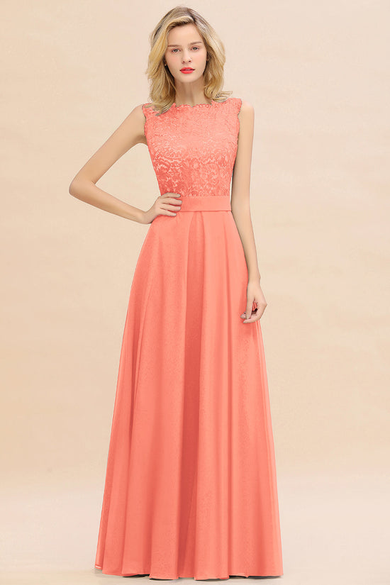 Exquisite Long A-line Scoop Sleeveless Lace Chiffon Bridesmaid Dress-BIZTUNNEL