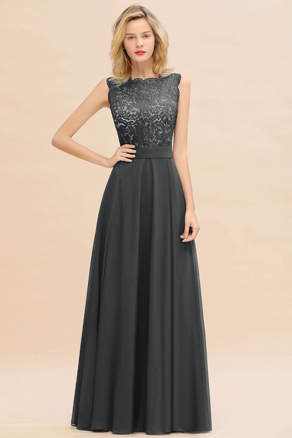 Exquisite Long A-line Scoop Sleeveless Lace Chiffon Bridesmaid Dress Exquisite Long A-line Scoop Sleeveless Lace Chiffon Bridesmaid Dress