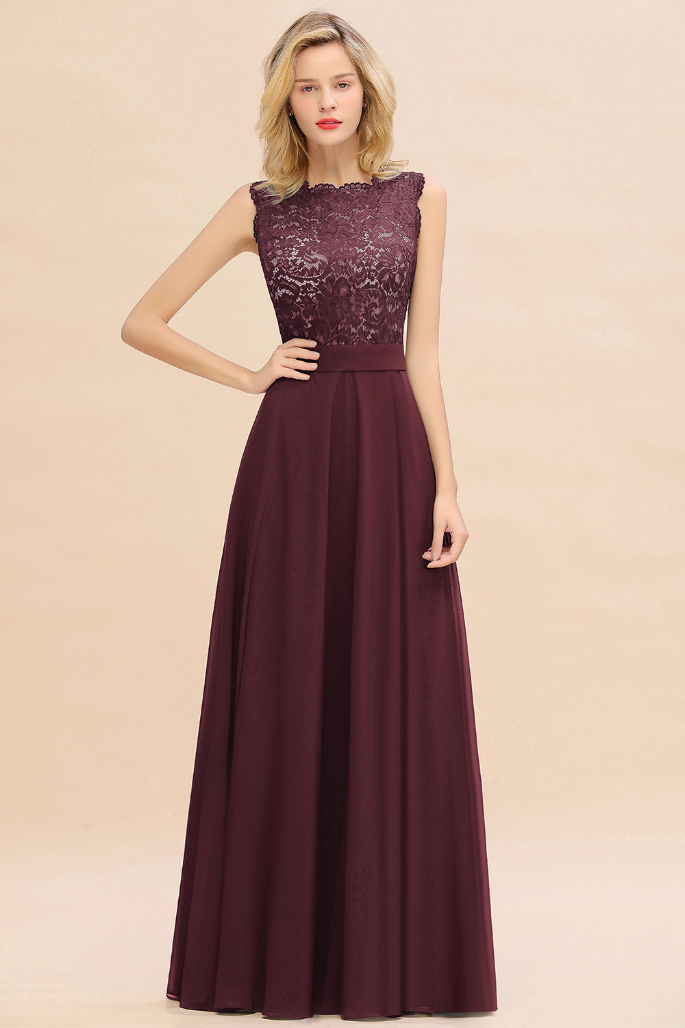 Exquisite Long A-line Scoop Sleeveless Lace Chiffon Bridesmaid Dress Exquisite Long A-line Scoop Sleeveless Lace Chiffon Bridesmaid Dress