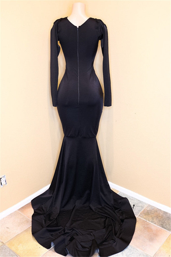 Carregar imagem no visualizador da galeria, Exquisite Long V-neck Sequined Mermaid Black Prom Dress with Sleeves-BIZTUNNEL
