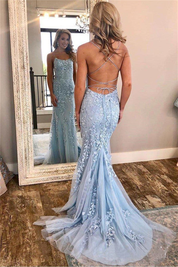 Eye-catching Long Mermaid Spaghetti Straps Open Back Lace Prom Dress-BIZTUNNEL