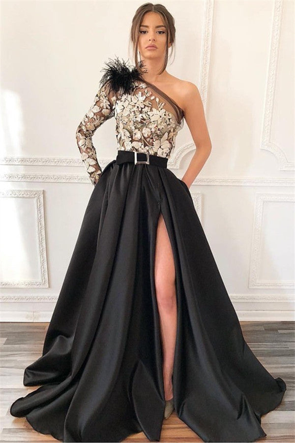 Fabulous A-line One Shoulder Front Slit Long Prom Dress with Pockets-BIZTUNNEL