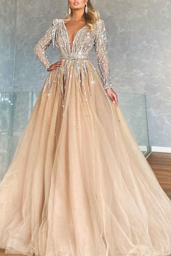 Fabulous Long A-line V-Neck Beading Tulle Prom Dress with Sleeves-BIZTUNNEL