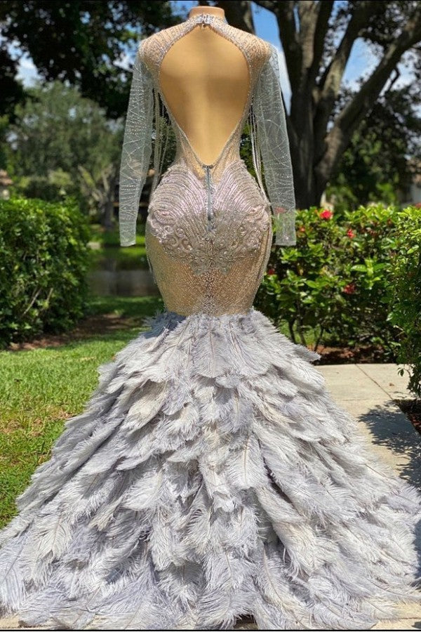 Fabulous Long Mermaid V-neck Sequined Beading Feather Tulle Prom Dress with Sleeves-BIZTUNNEL
