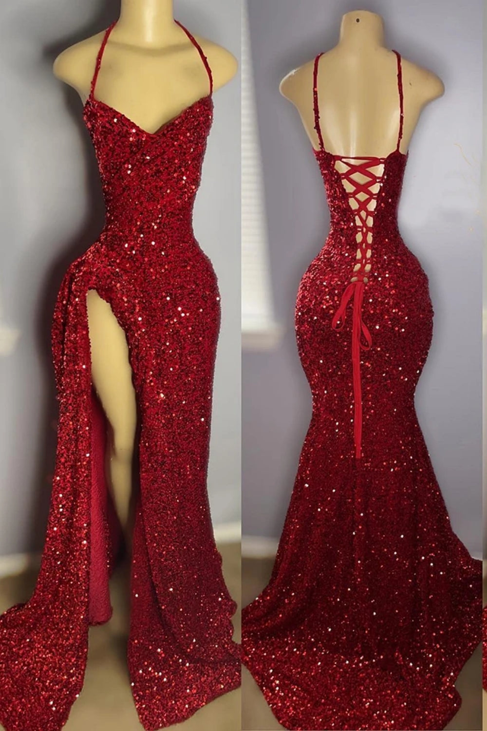 V-Neck Spaghetti Straps Pleated Mermaid Prom Dress