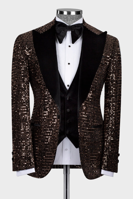 Herman Fancy Brown Sequins Peaked Lapel Three Pieces Prom Suits
