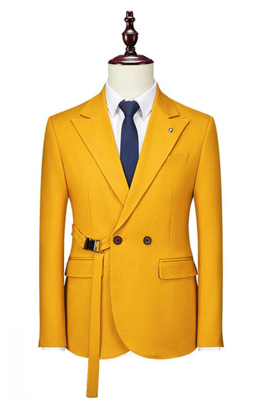 Algernon Fancy Yellow Double Breasted Peaked Lapel Prom Suits