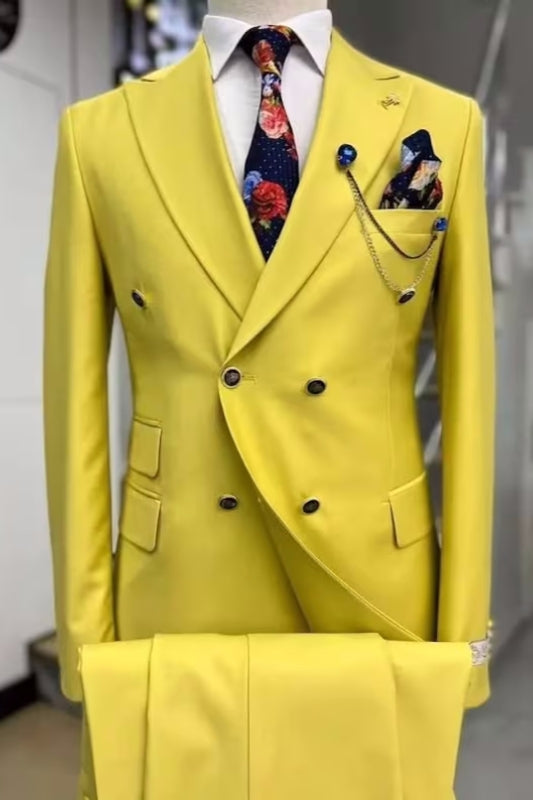 Berg Fancy Yellow Peaked Lapel Double Breasted Prom Suits